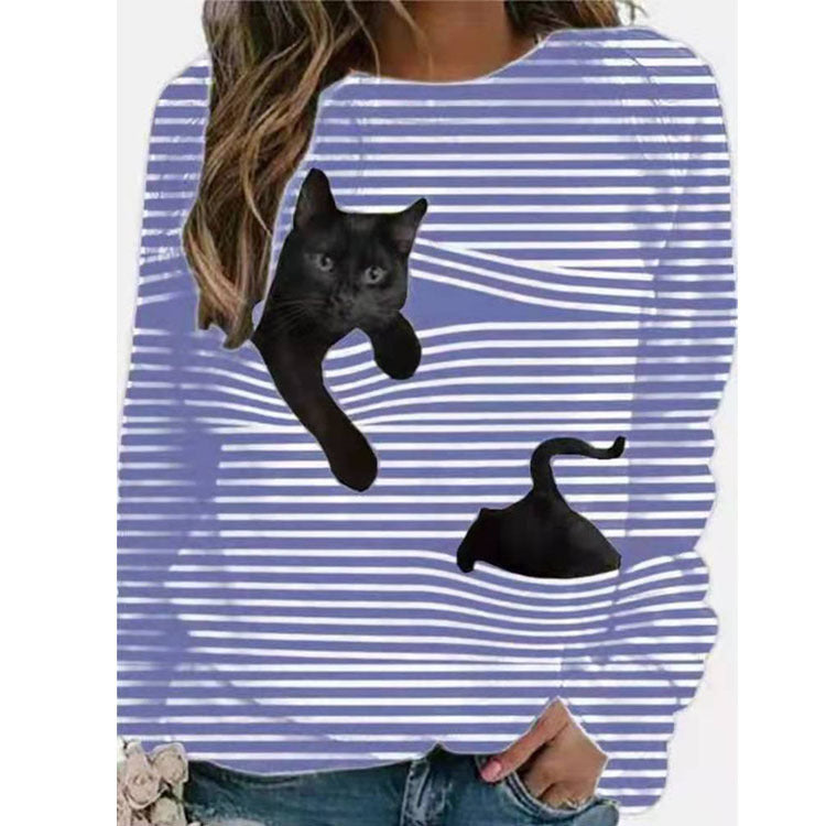 Cartoon Pattern Round Neck Stripe Long Sleeve T-shirt 3D
