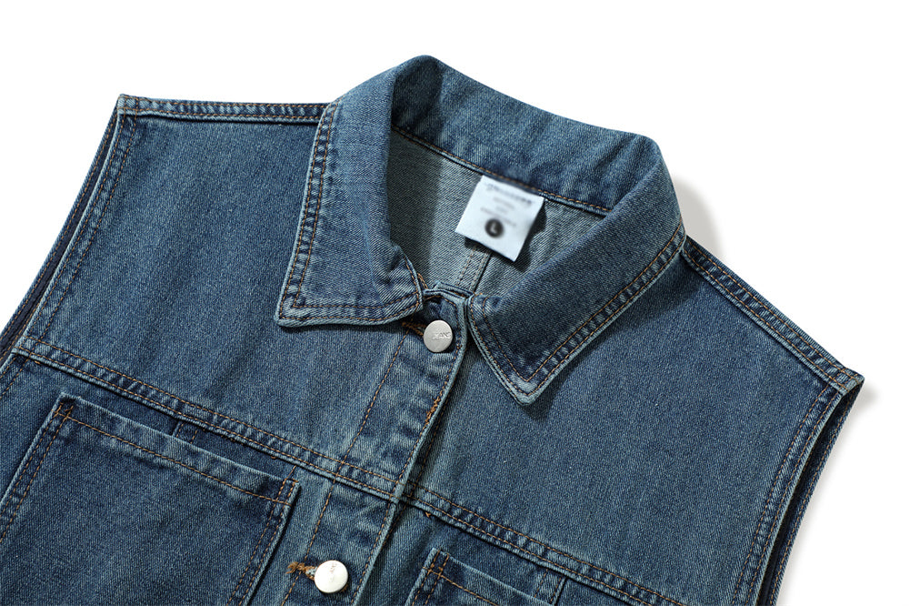 Denim Vest Man Loose All-match Casual Waistcoat Pocket Deconstruction Stitching Topstitching Waistcoat