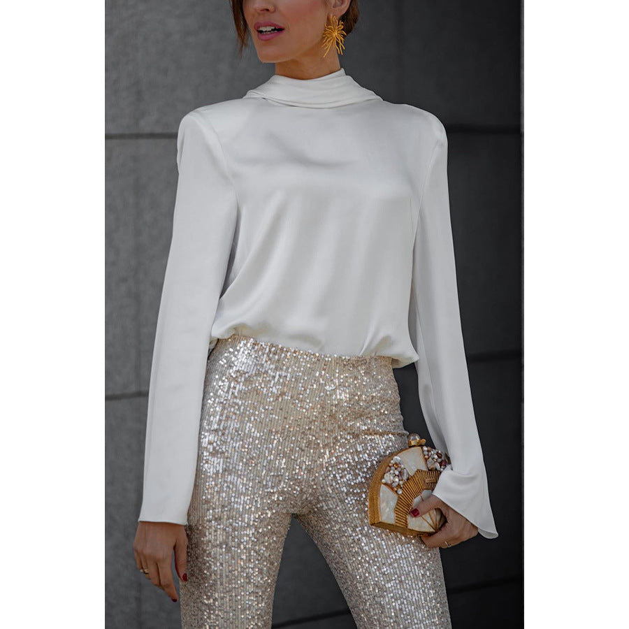 Women's Casual Loose Satin Long-sleeved Scarf Shirt