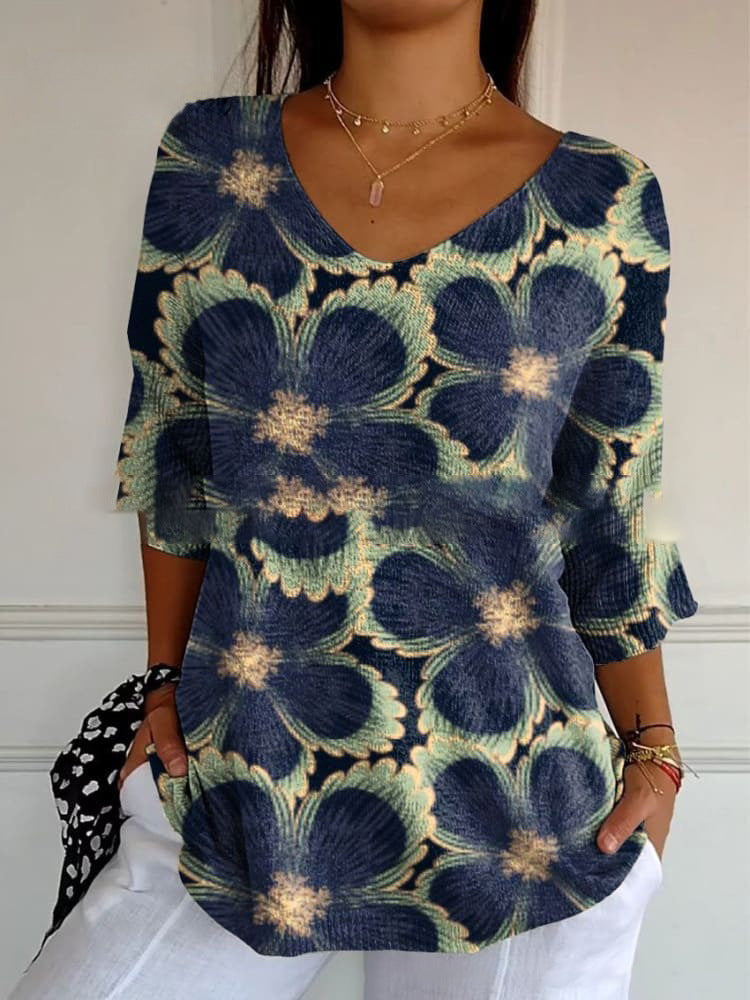 Floral 3d Printed Women's V-neck T-shirt Printed Round Neck Short Sleeve