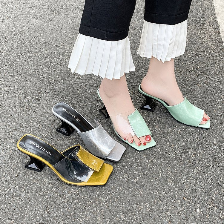 Women's Outdoor Slippers Fashionable All-matching Fairy Style Transparent Slippers Toe Chunky Heel High Heels