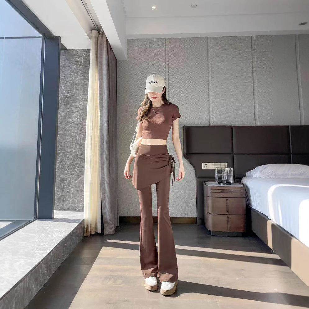 Womens Solid-Color Mock Two-Piece Cropped Flare Pants With Drawstring