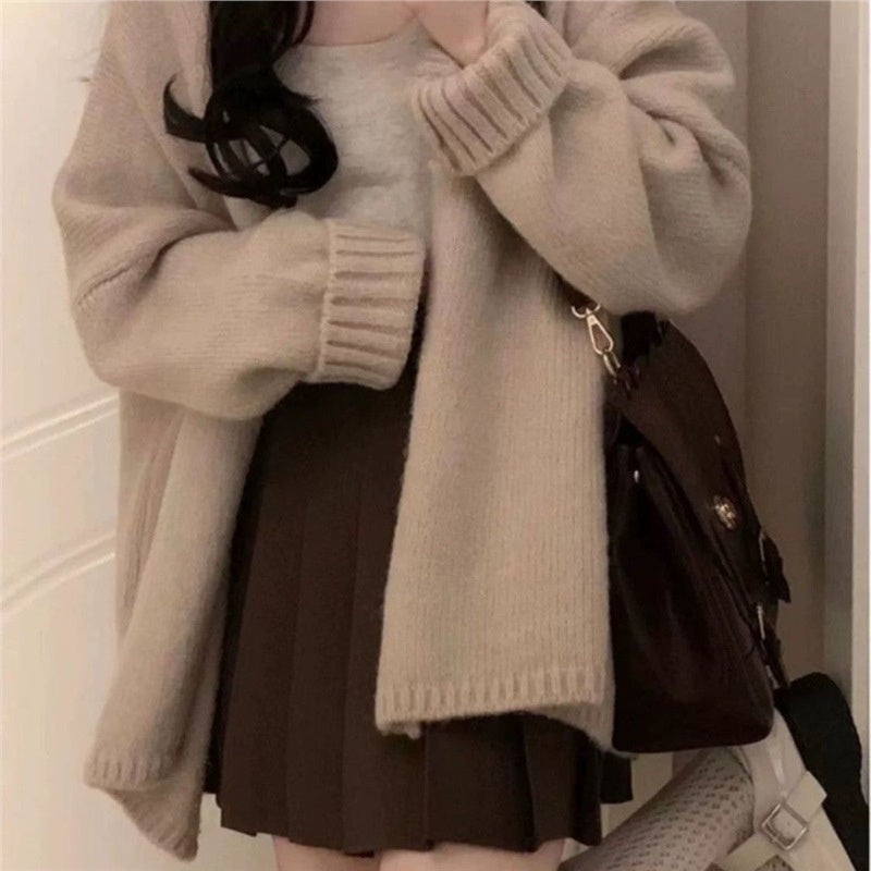 New Korean-style Versatile Strap Loose Cardigan Figure-flattering Pleated Skirt Three-piece Set