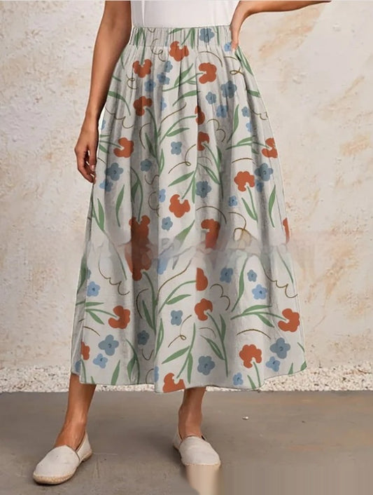 Printed Elastic Waist Slimming Large Hem Skirt