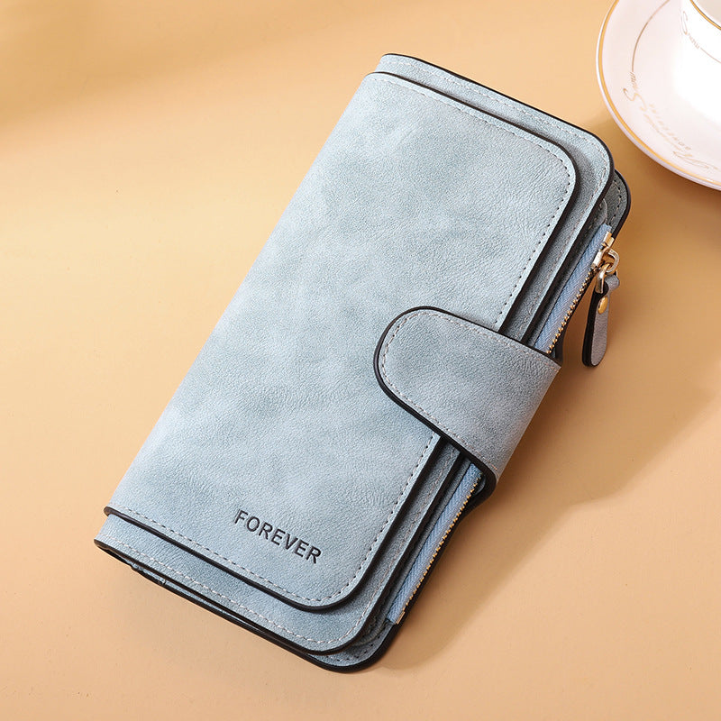 New Buckle Women's Long Wallet Three Fold Fashion Women's Bag Multi-card Women's Purse Frosted Two-tone Fabric