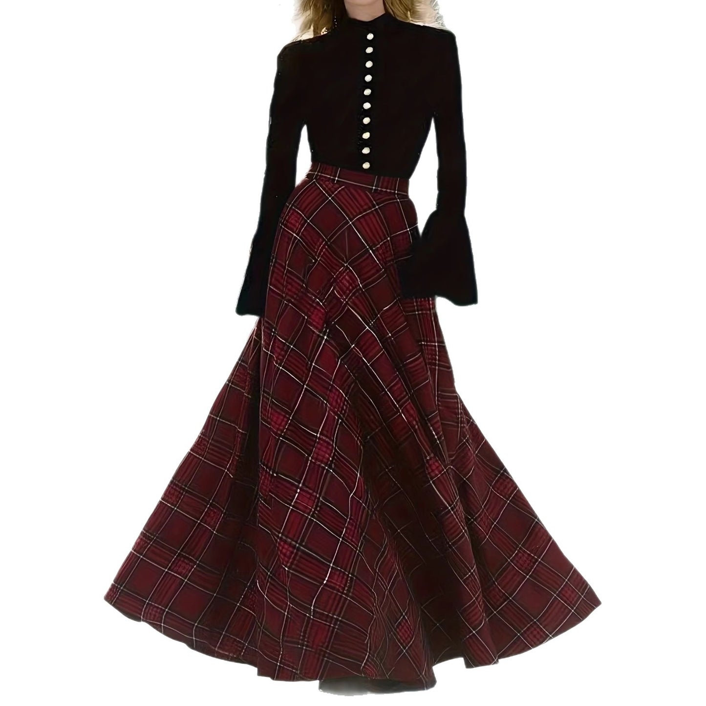 Red Plaid Maxi Skirt With A High Waist In A Vintage British Style