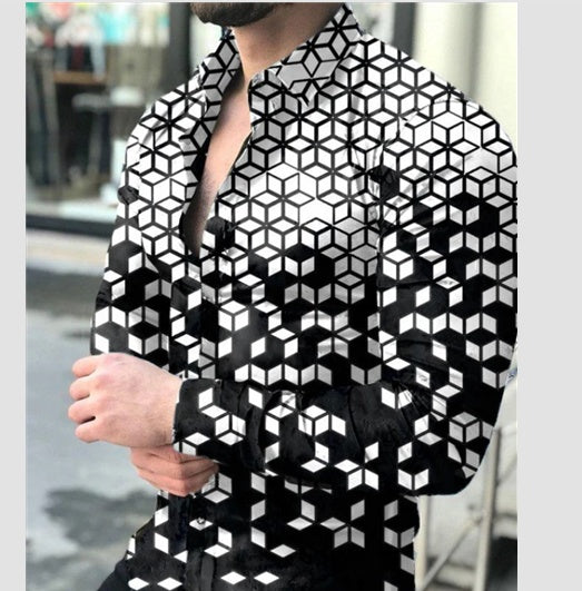 European And American New Men's Gradient Printing Long-sleeved Shirt
