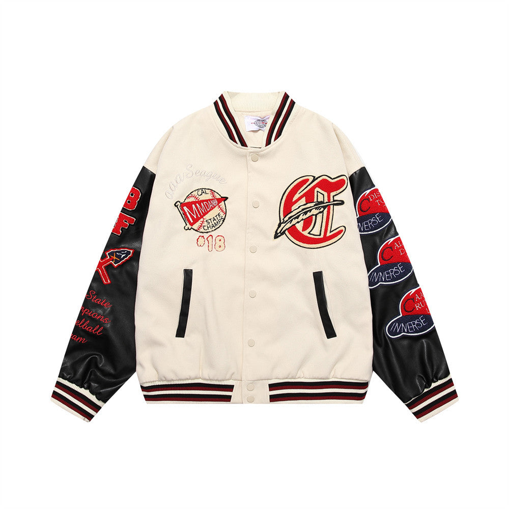 Color Contrast Patchwork PU Leather Sleeve Machine Embroidery Letter Baseball Uniform Jacket