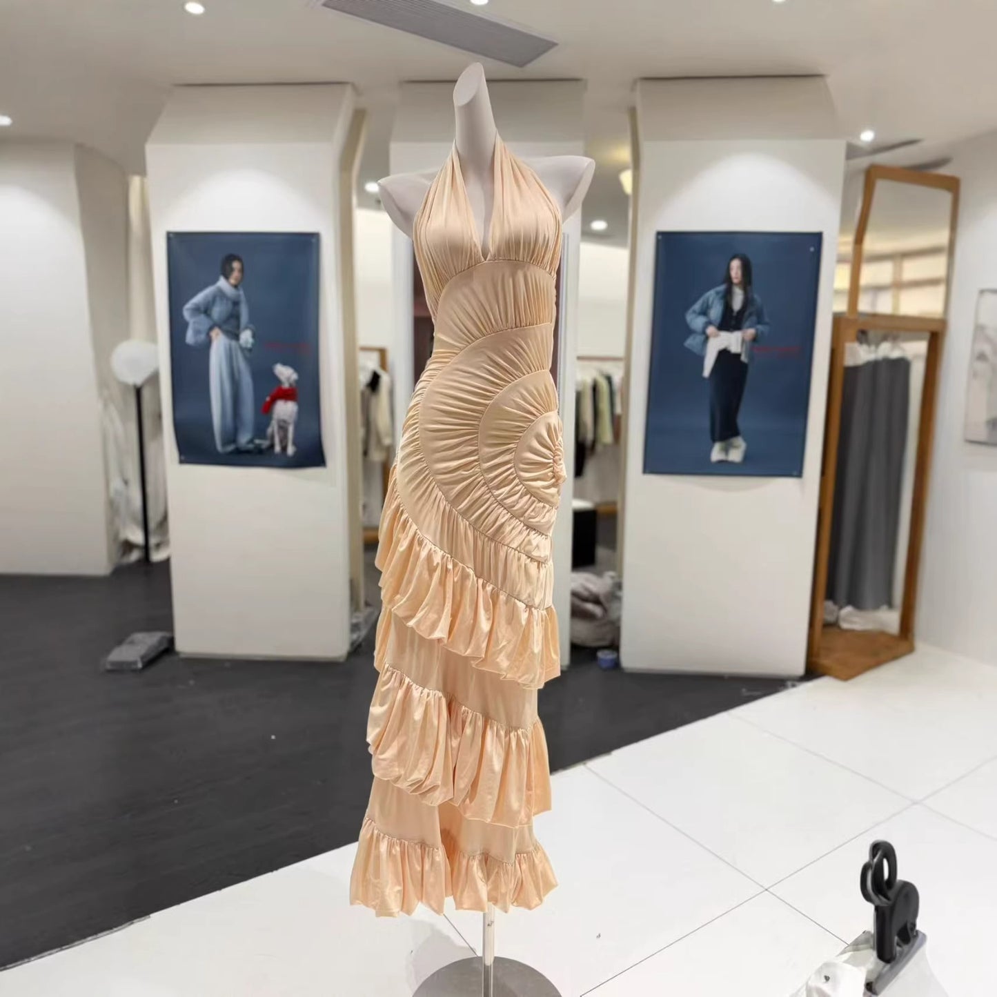 Asymmetrical Pleated Ruffle Bodycon Sheath Fishtail Long Dress
