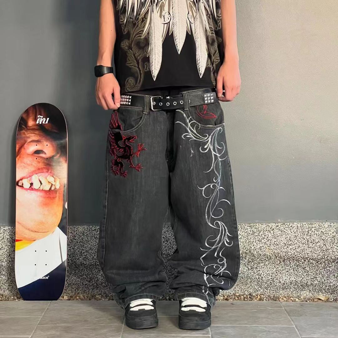 Retro American Style Loose Embroidered Straight Pants