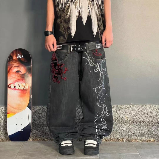 Retro American Style Loose Embroidered Straight Pants