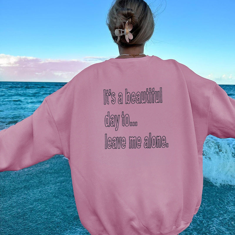 Pure Color All-matching Embroidered Pullover Brushed Loose Sweatshirt