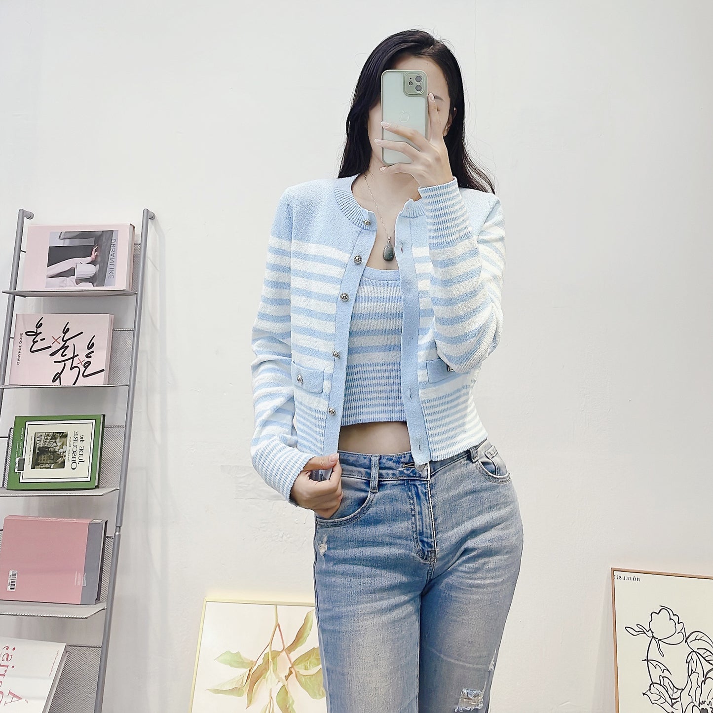 Womens Blue And White Striped Knitted Cardigan And Camisole Two-Piece Set