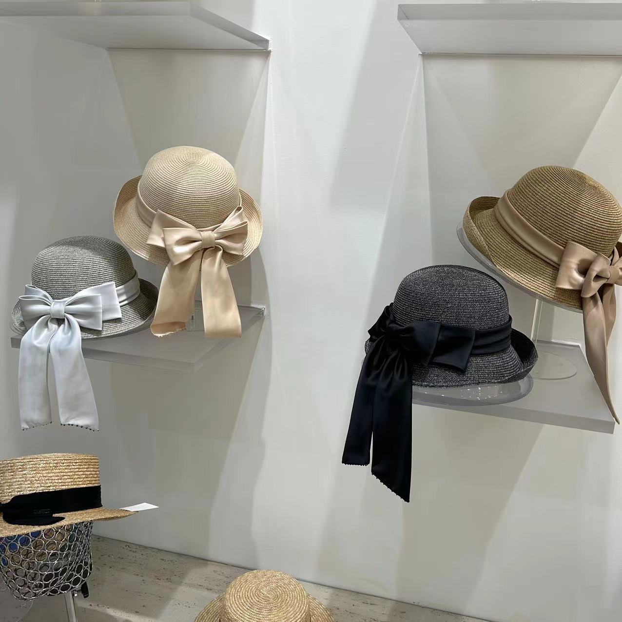 Women's Fashion Simple Large Ribbon Bow Straw Bucket Hat