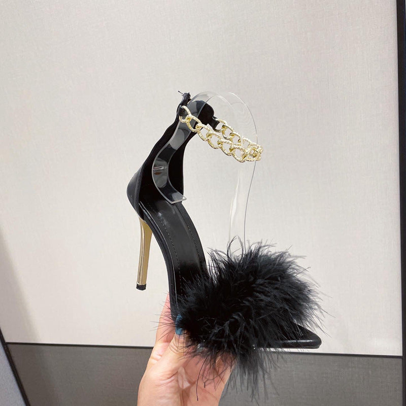New Style Pointed Toe Chain Hair Stiletto Heel Sandals Women