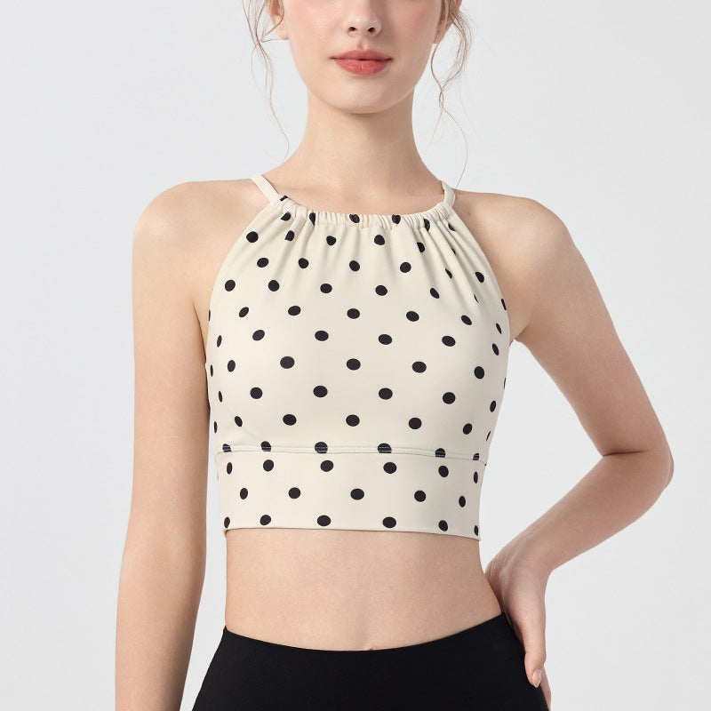 Womens Polka-Dot Plaid Printed Halterneck Tank Top With Cross-Over Design