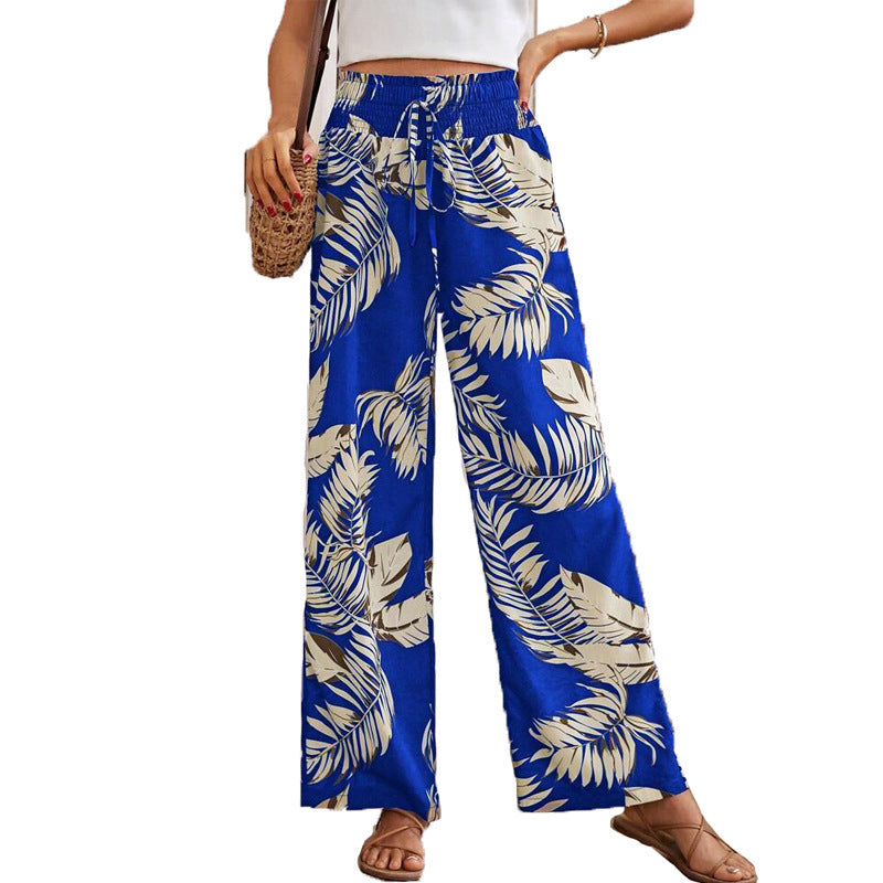 Women's Casual Digital Printing Loose Drawstring High Waist Trousers