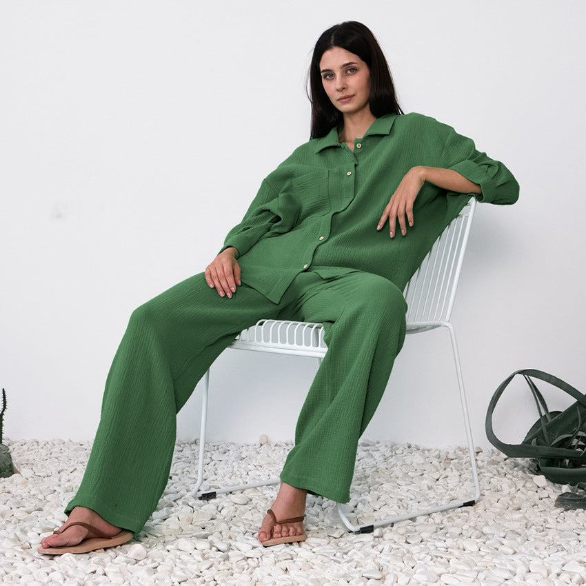 European And American Crepe Pajama Set Loose-fitting Shirt And Trousers