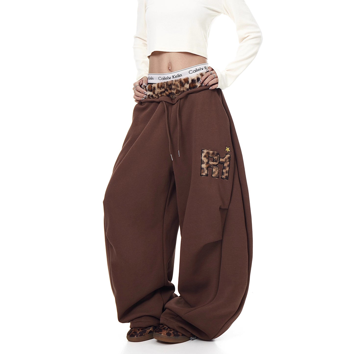 Womens Retro Embroidered Wide-Leg Sweatpants
