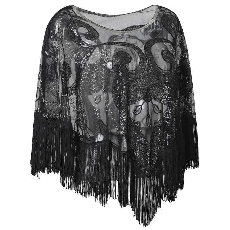 Loose Tassel Top Blouse Shawl Sequined Mesh Sequined Cloak See-through Small Outer Build