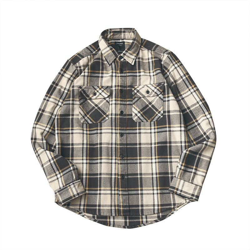 Men's Long Sleeve Retro Thick Brushed Plaid Shirt