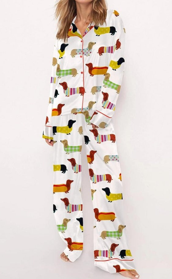 Fashionable Long-sleeve Printed Lapel Loungewear Pajamas