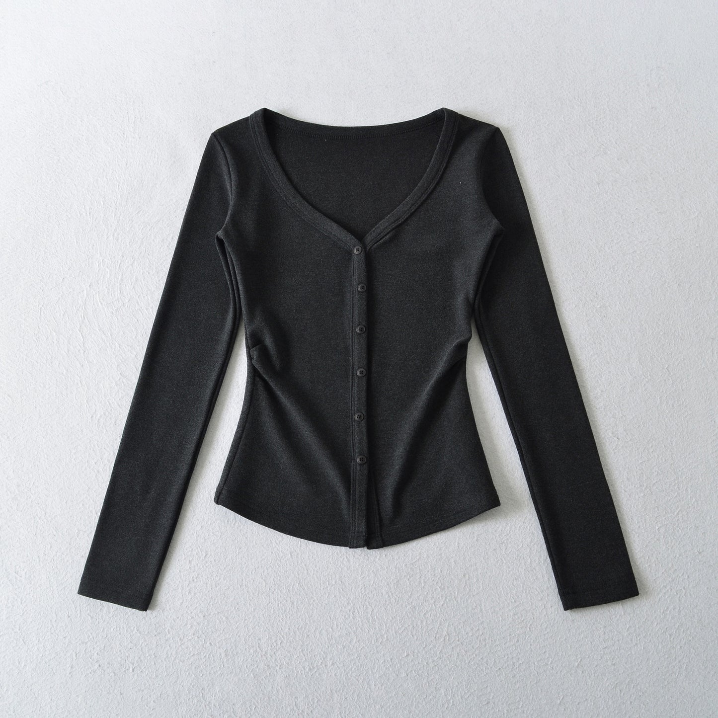 Macaron-colored V-neck Button-front Waist-cinching Top With Long Sleeves