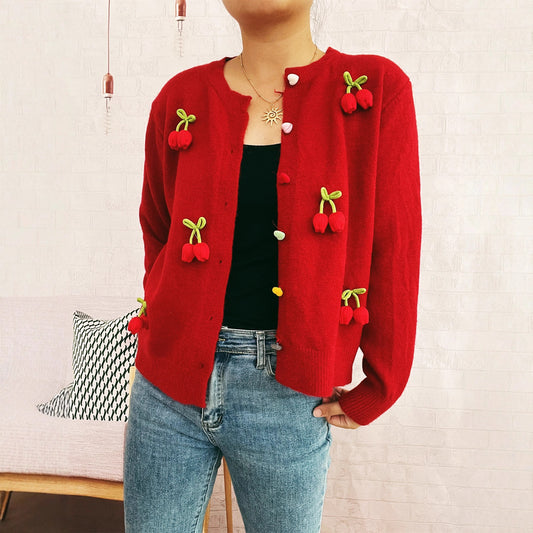 Three-dimensional Decoration Flower Cute Style Knit Casual Valentine's Day Sweater