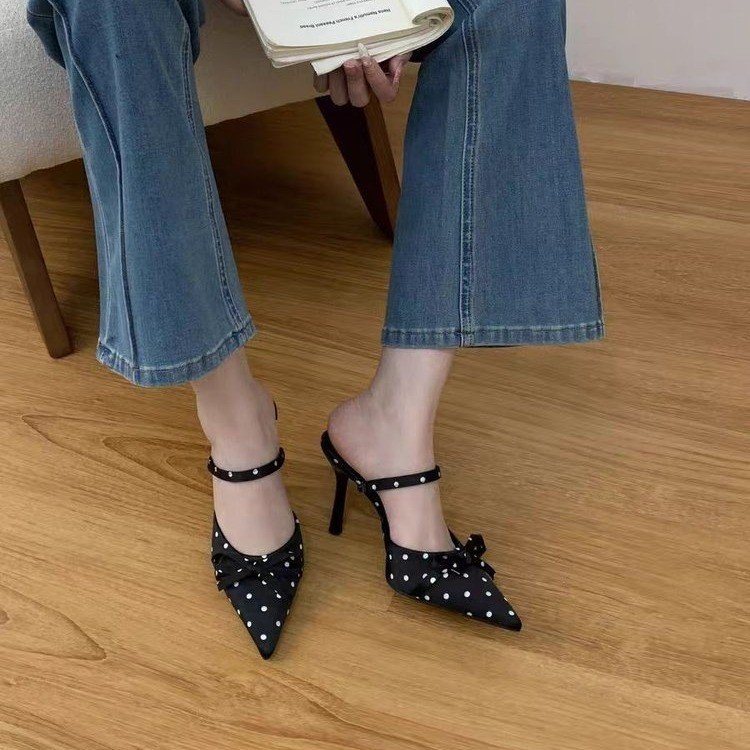 Summer New Women's Polka Dot Pointed Toe High Heels, Bow Backless Mule Sandals, Slim Heel Closed Toe Slide Sandals For Women
