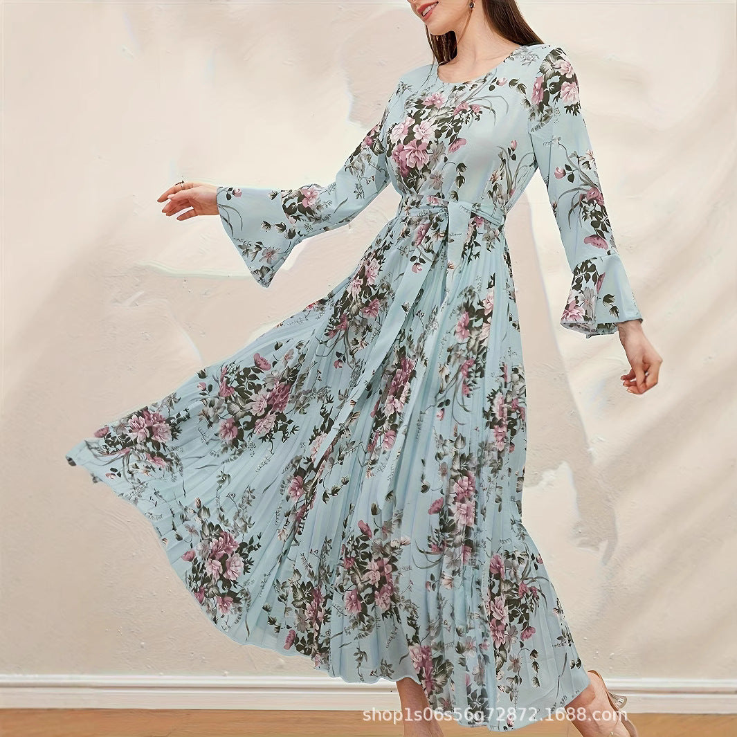 Round-neck Ruffled-sleeve Pleated-hem Dress