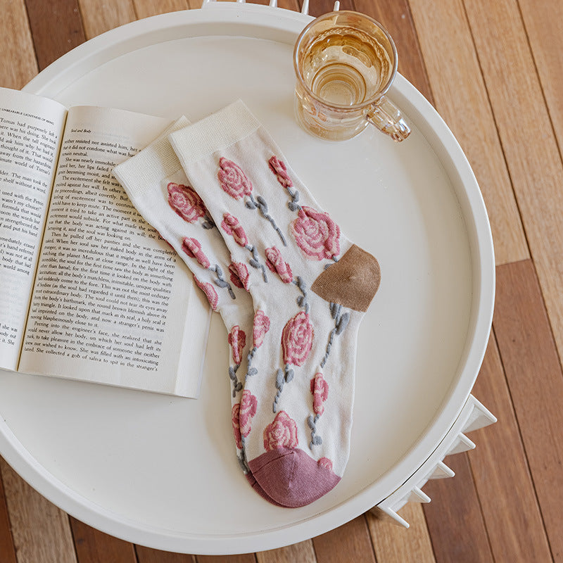 Rose Sweet Scented Vintage Embossed Floral Embroidered Mid-calf Socks