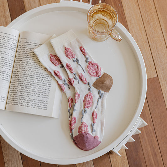 Rose Sweet Scented Vintage Embossed Floral Embroidered Mid-calf Socks