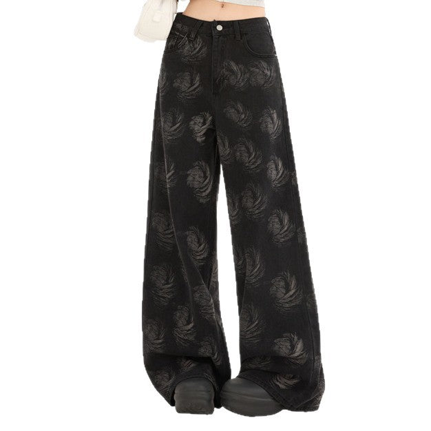 Womens High-waisted Loose-fit Washed Denim Jeans With A Printed Design