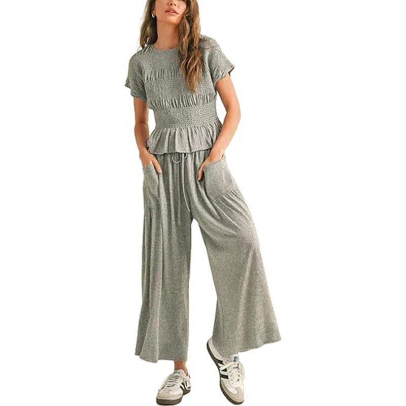 European And American Womens Fashion Elastic-waist Pleated High-waist Wide-leg Pants