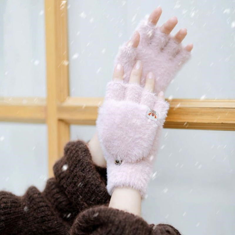 Knitted Plush Flap Half Finger Gloves