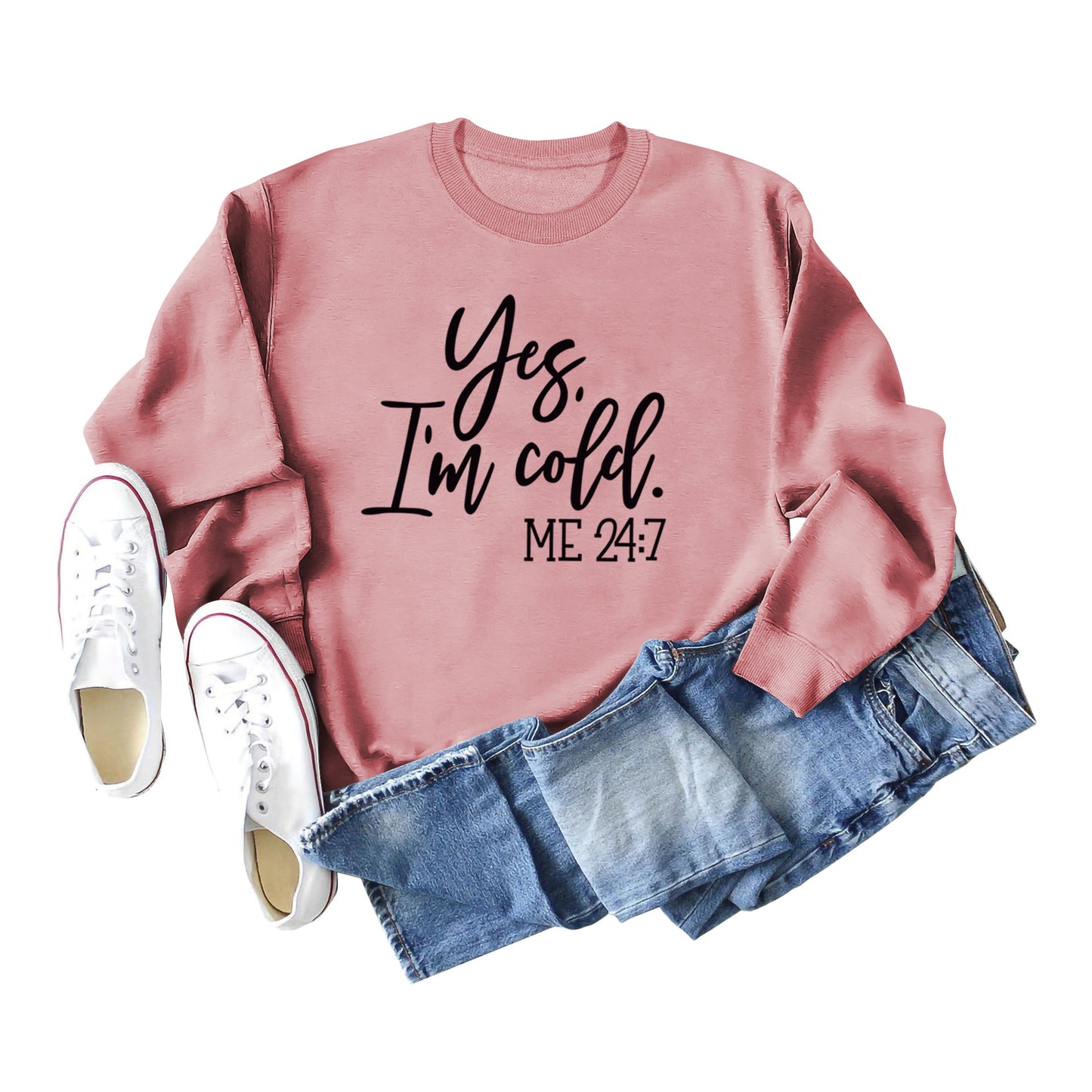 Loose Casual Letter Print Sweatshirt Yes' I M Cold New Round