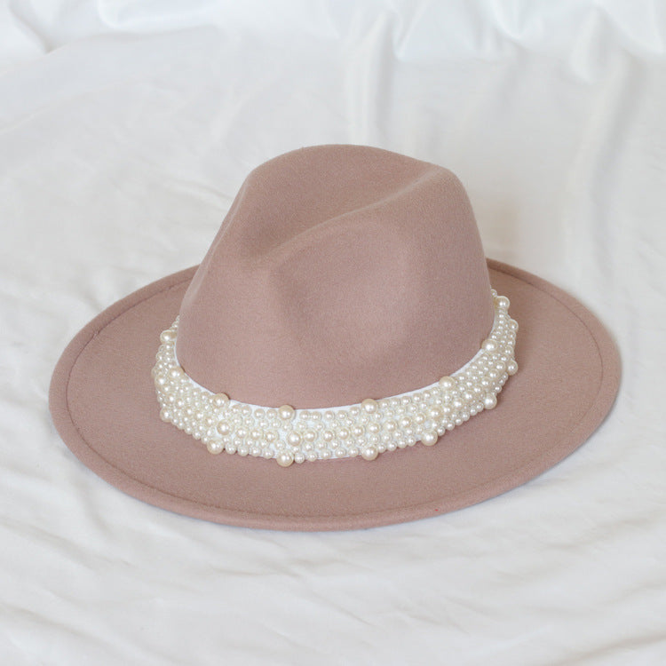 Handmade Pearl Top Hat Big Brim Fur Felt Hat