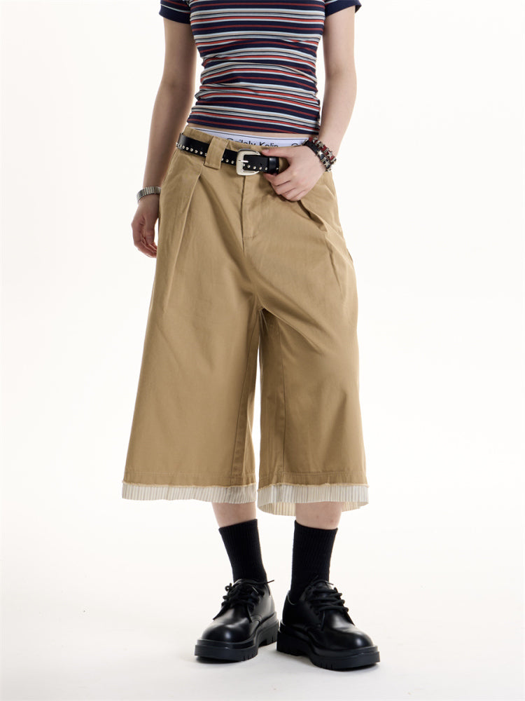 American Retro Hot Girl Patchwork Stripes Pleated Casual Shorts