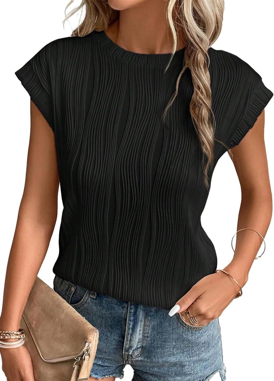 Dame Modetoppe Rund Hals Super Korte Ærmer Ensfarvet Sommer T-shirt