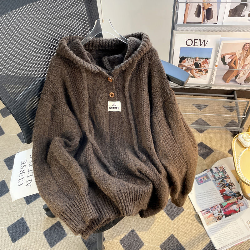Hooded Soft Glutinous Thick Drawstring Knitted Sweater Top