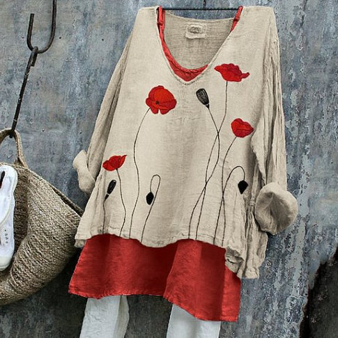 Classy Poppies Pattern Linen Long-sleeve Top