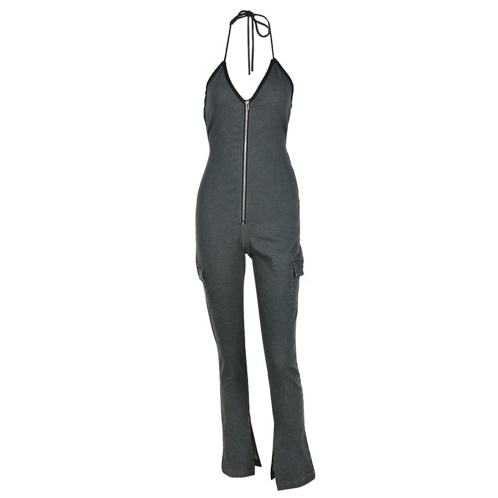 Denim jumpsuit til kvinder med snøre og lynlås