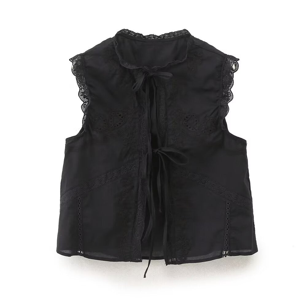 Summer Sweet Bowknot Decoration Sleeveless Lace Embroidered Shirt