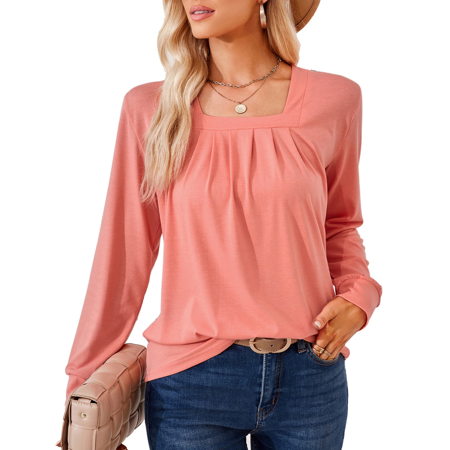 Loose-fitting T-shirt With A Square Neckline Pleats And Long Sleeves