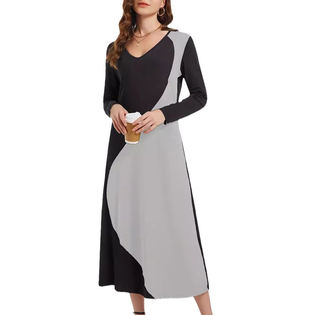 Color-Block Patchwork V-Neck T-Shirt Long-Sleeve Dress