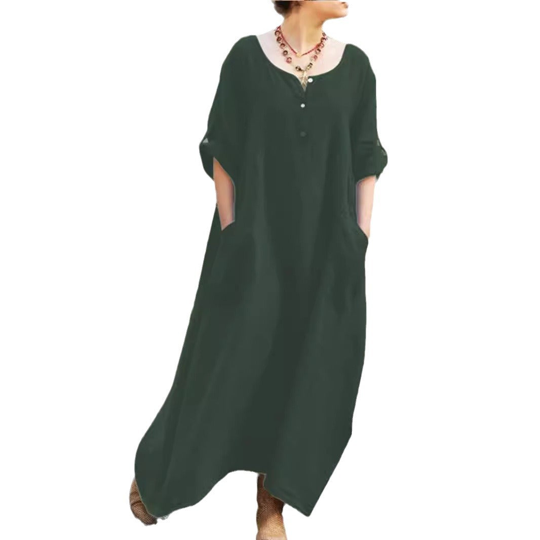 Casual Loose Cotton And Linen Dress For Women