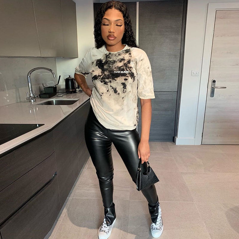 Split High Waist Skinny Casual PU Leather Trousers
