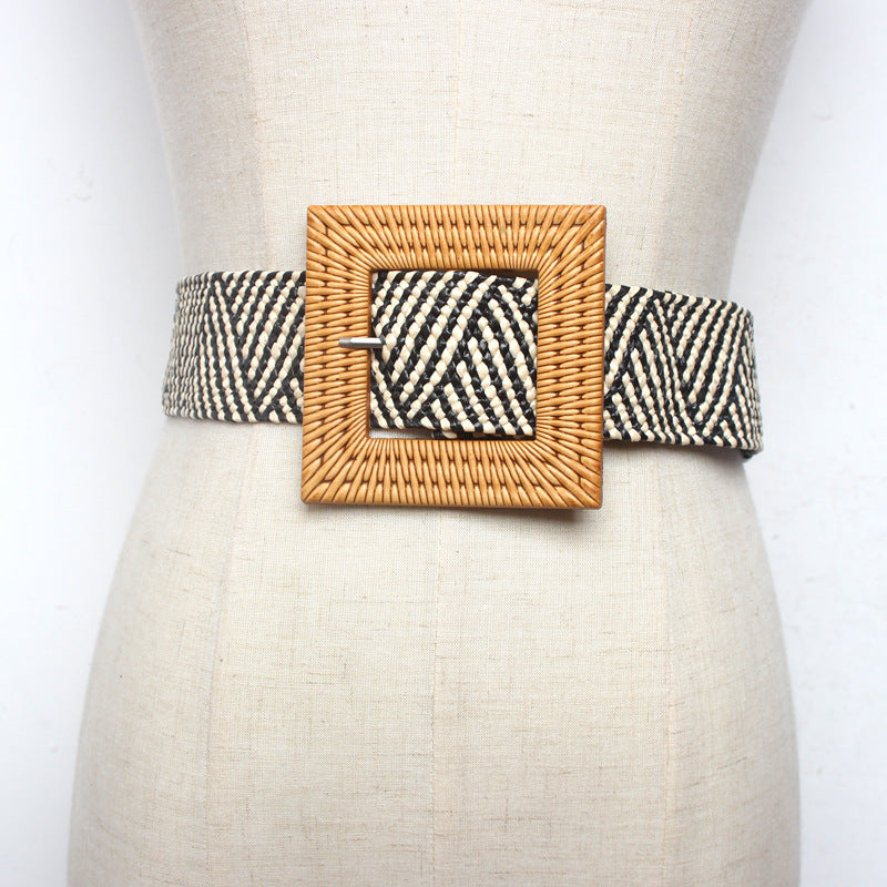 Ladies Fashion Wax Rope Braided Square Buckle Posey Wide Belt