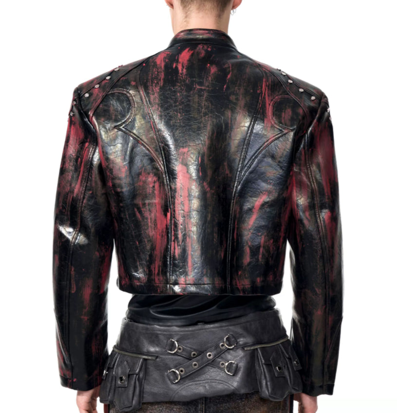 Mens Stand Up Collar Leather Jacket With Shoulder Pads