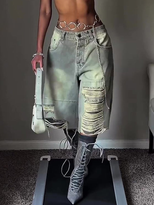 Chic Distressed Denim Loose-fitting Cropped Pants
